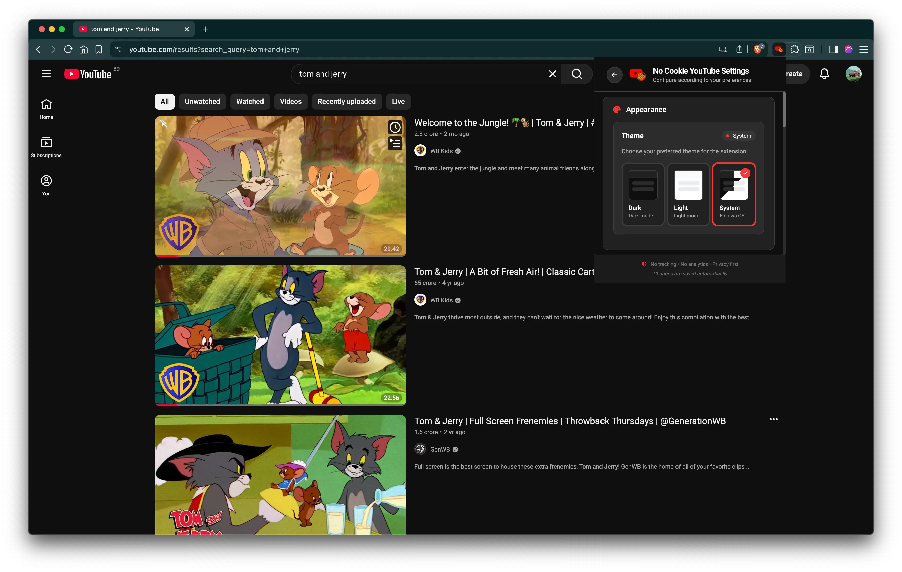 No Cookie YouTube settings panel
